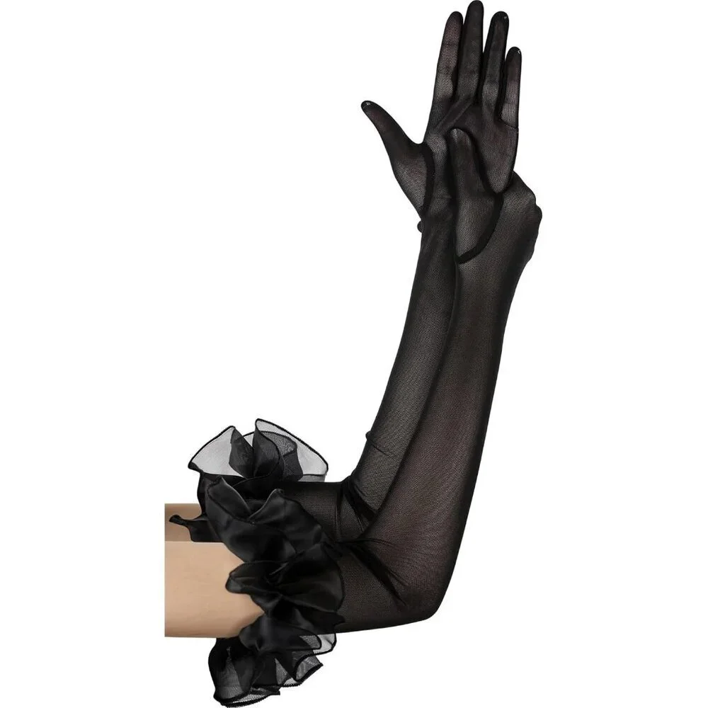 Women's Long Burgundy Ruffle Puff Cuff Sleeve Mesh Gloves Wedding Party Costume